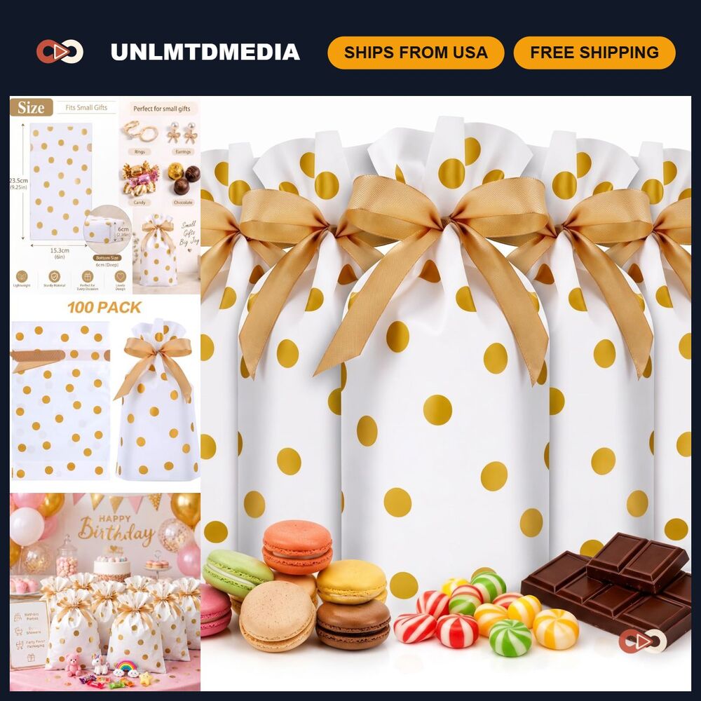 100 Pack Drawstring Treat Bags - Party Favor Bags with Golden Polka Dots